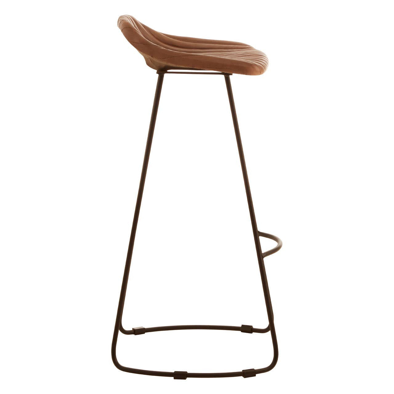 Light brown leather bar stool with a curved seat, supported by a sleek metal frame. The stool features a footrest and a minimalist design, showcasing a modern aesthetic suitable for various home settings