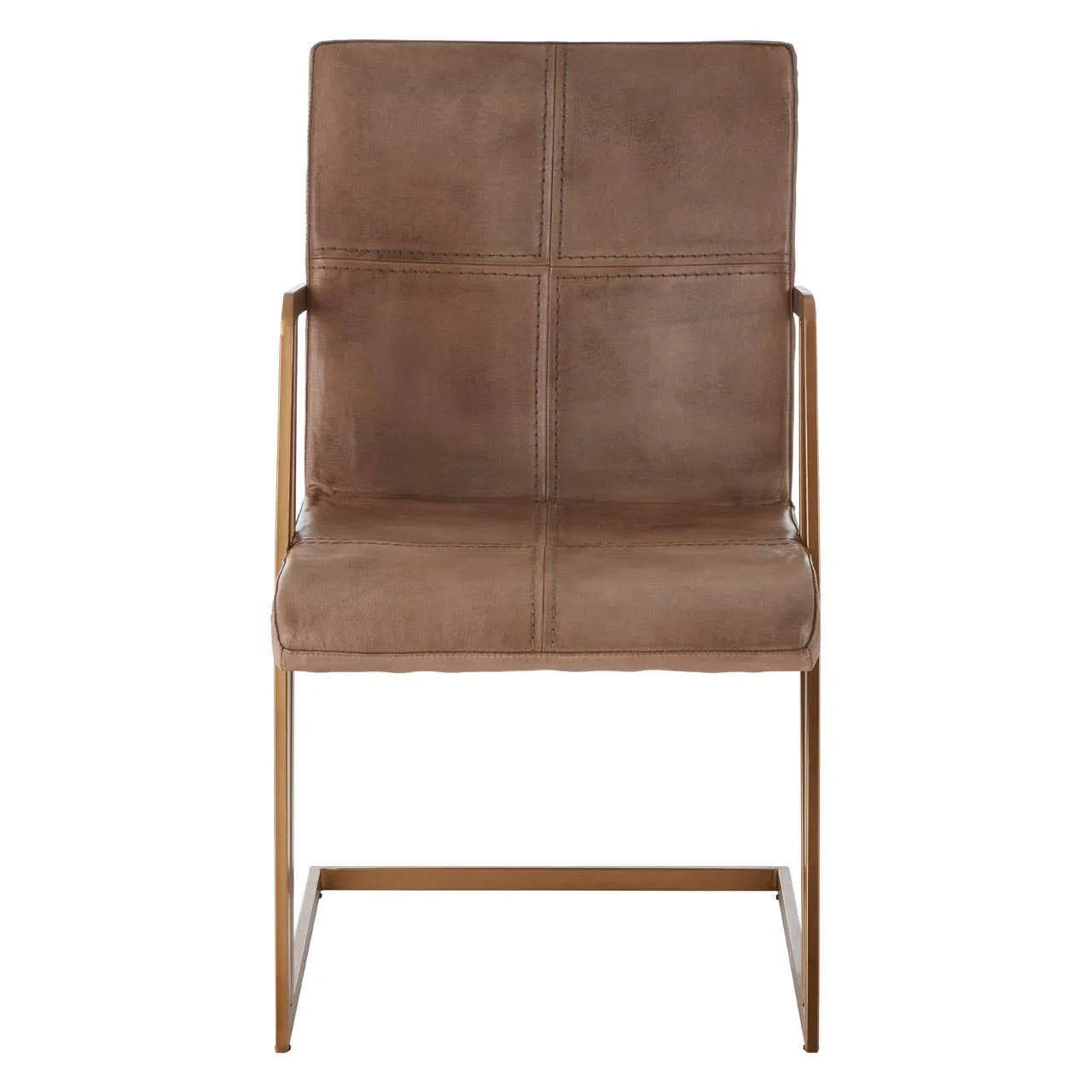 Brown leather dining chair with gold metal frame and stitched detail, front view