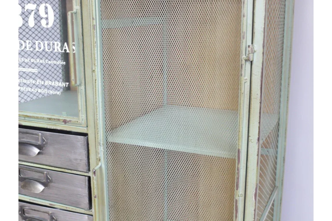 Industrial metal storage cabinet with mesh doors and shelving, vintage distressed finish