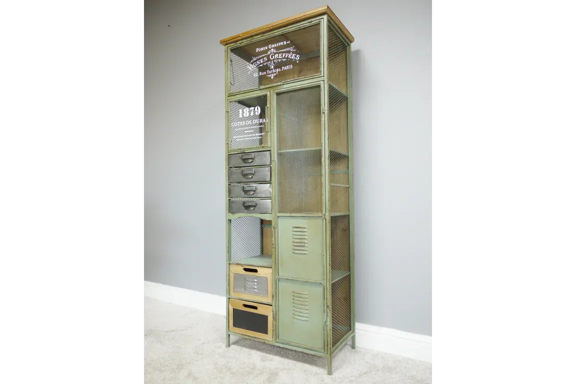 Industrial storage cabinet with mesh doors, metal drawers, shelves, and wood top