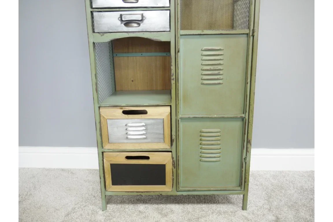 Industrial storage cabinet with metal mesh, green locker doors, and wooden drawers