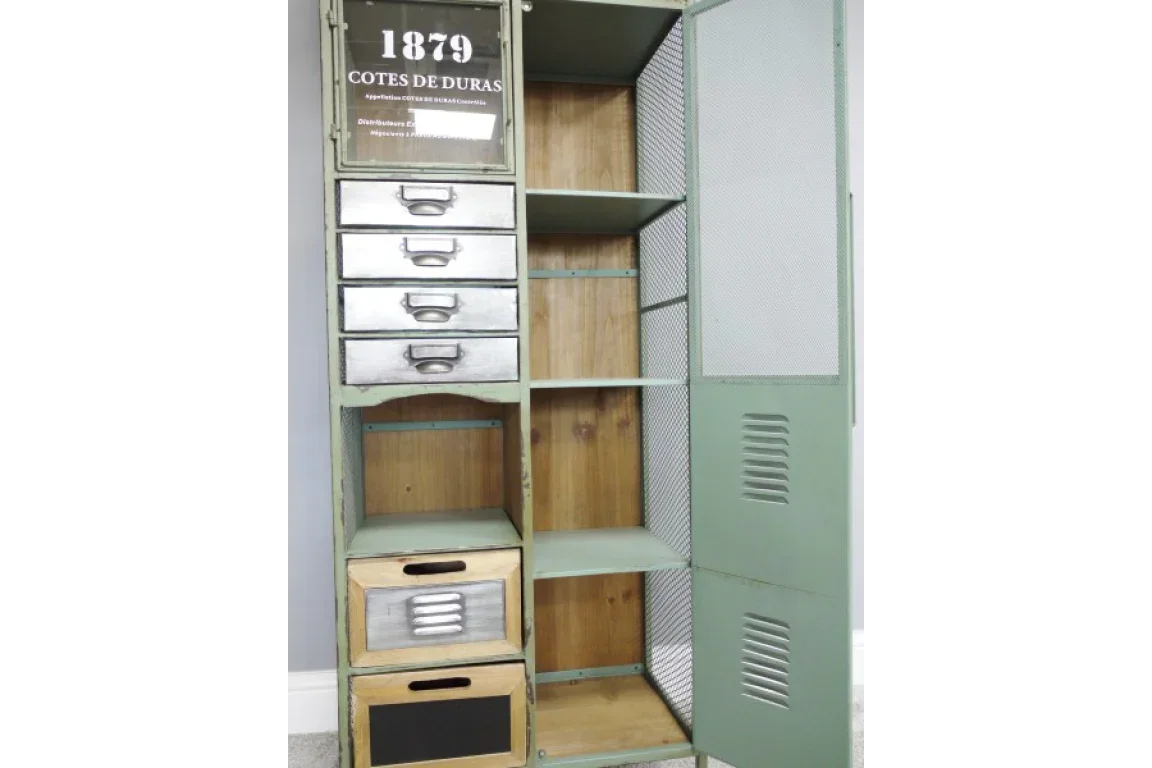 Industrial storage cabinet with metal drawers, open shelves, and green locker-style doors