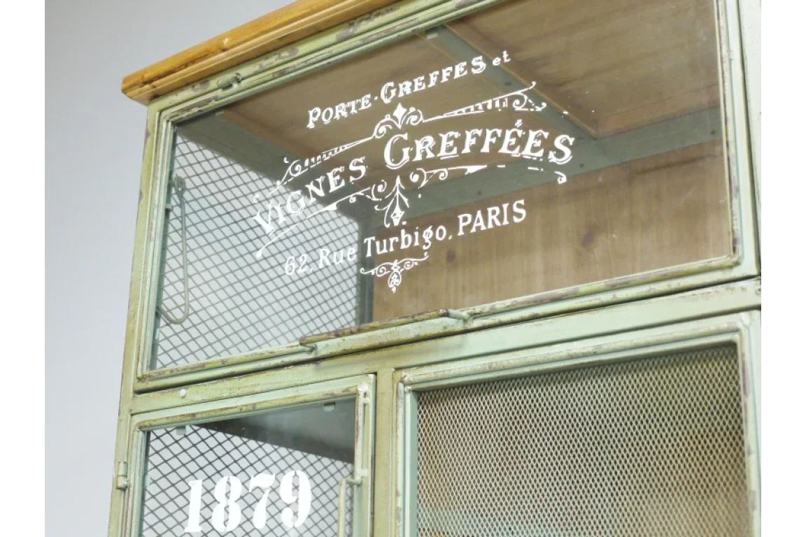 Vintage metal cabinet with glass door, Paris script, distressed green finish, mesh panels