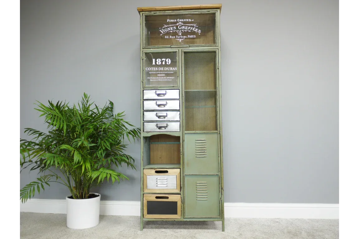 Industrial storage cabinet with metal drawers, mesh door, and vintage green finish