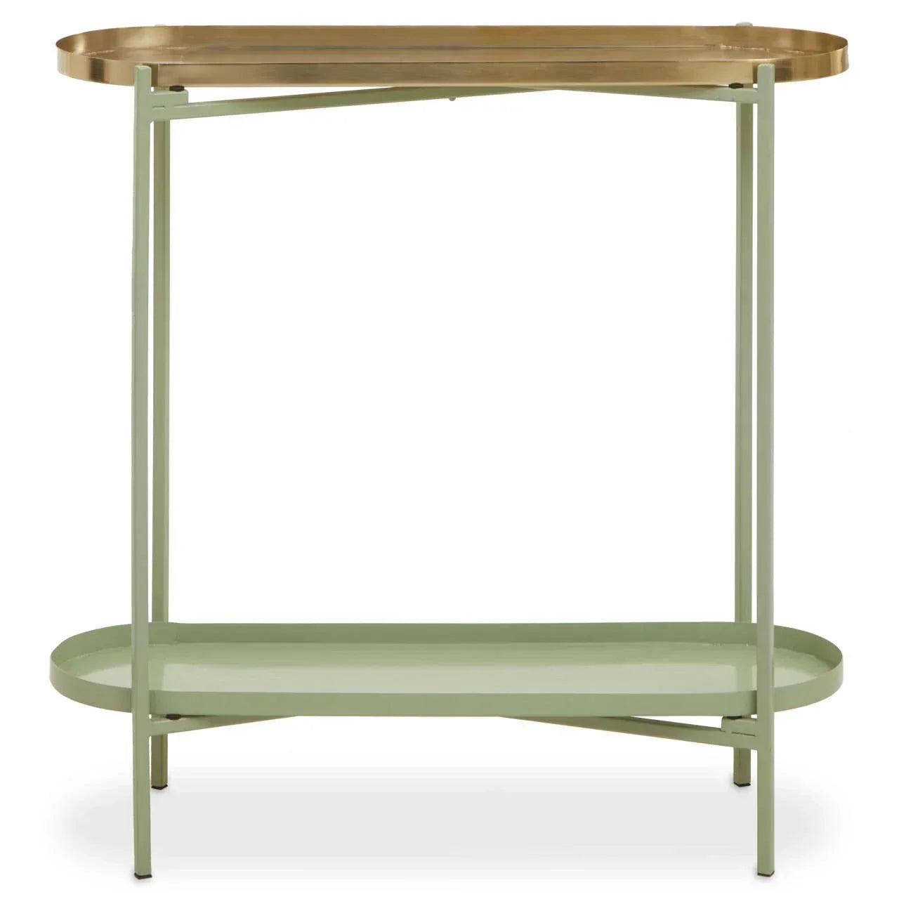Green metal console table with gold top and lower shelf, two-tier furniture piece