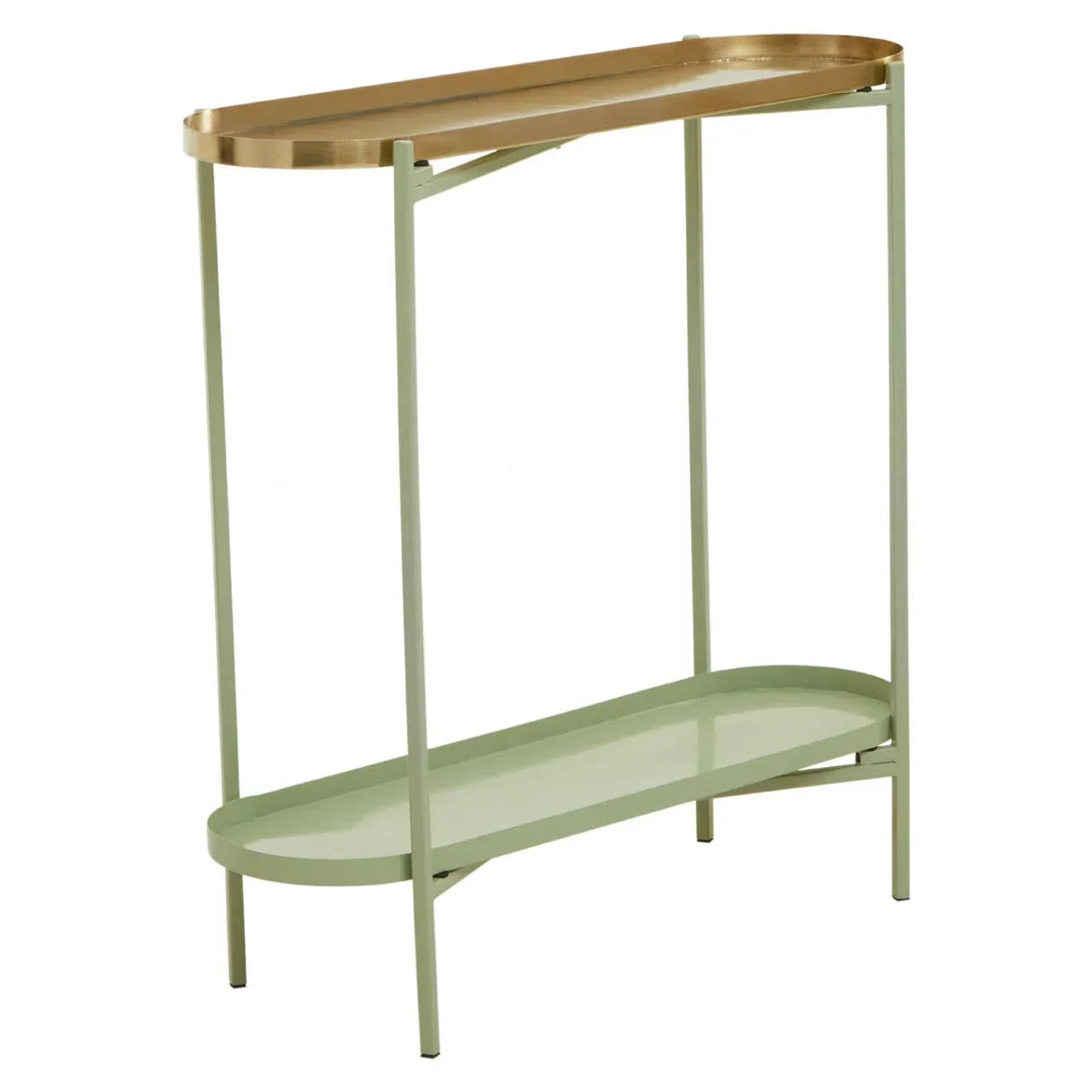 Slim console table with gold metal top and light green frame, two tier oval shelves