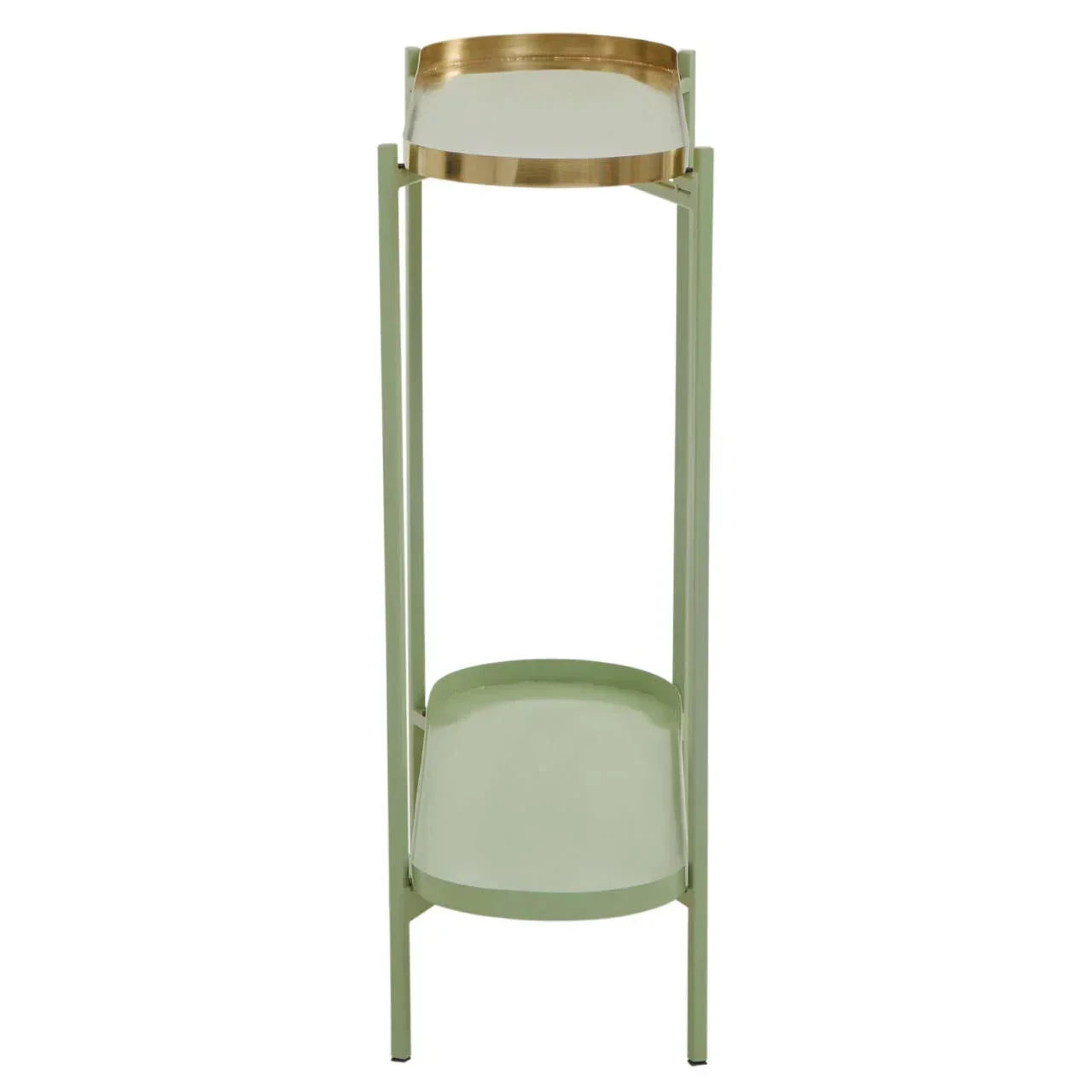 Slim green metal side table with two shelves and gold rim top, front view