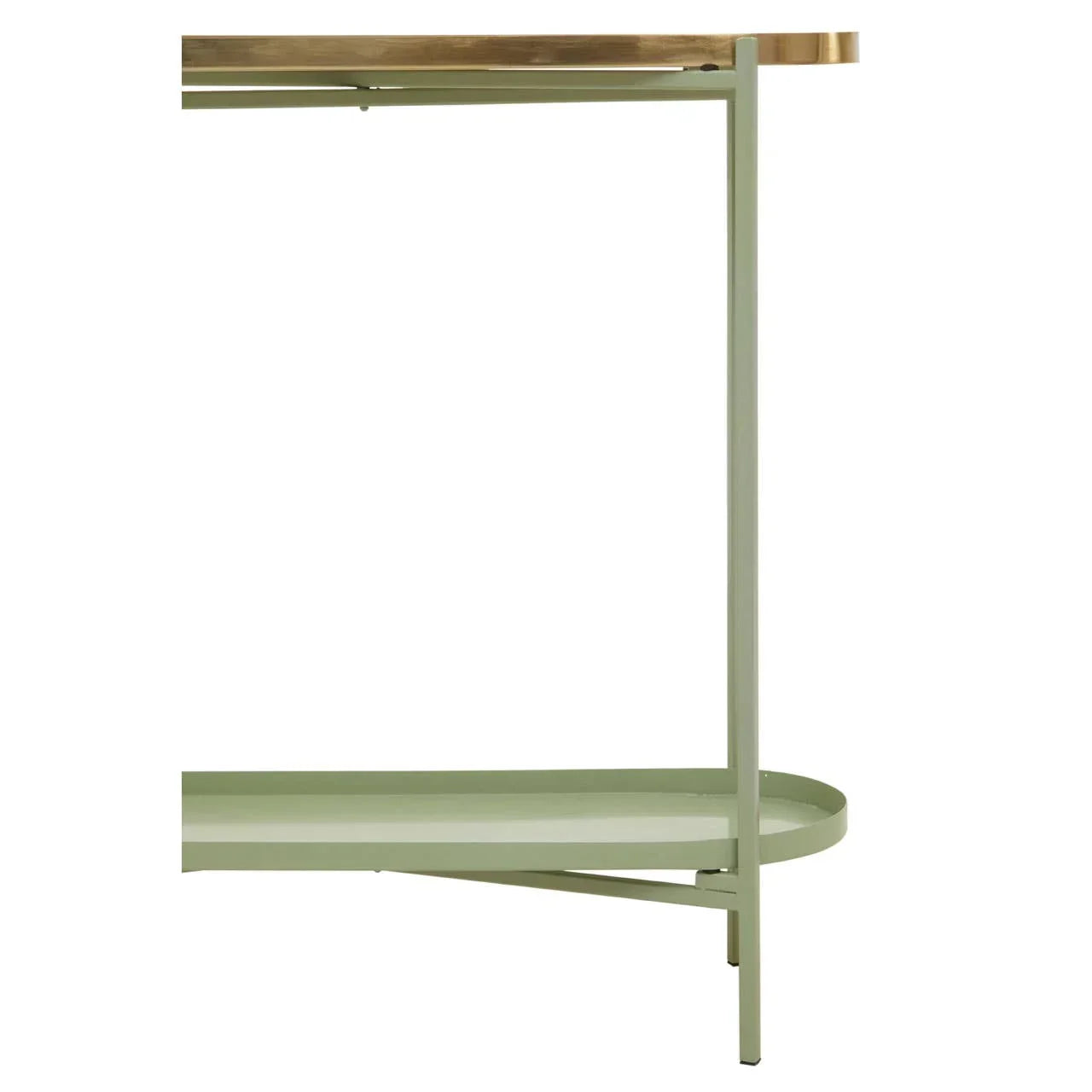 Closeup of console table with green metal legs and lower shelf, wood top edge visible