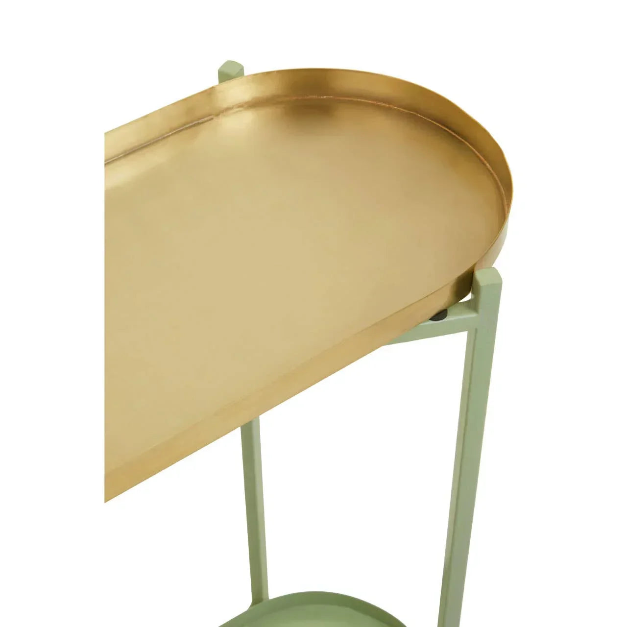 Gold metal tray table with raised edge on light green frame, close-up of top shelf