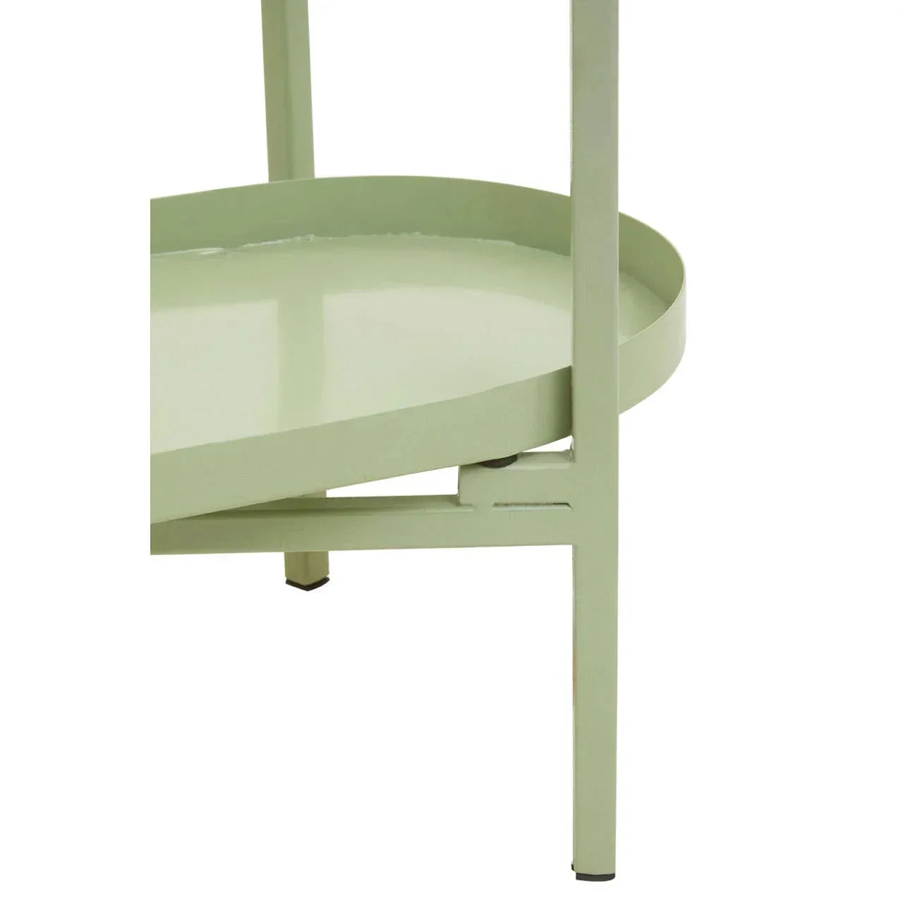 Closeup of green metal side table frame and lower shelf detail