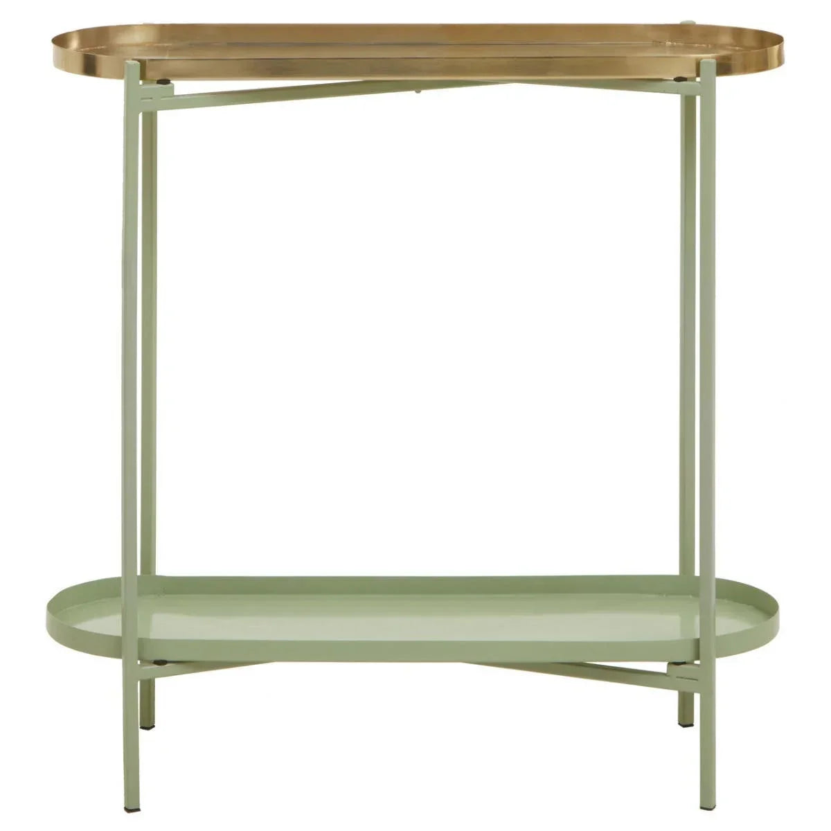 Metal console table with gold top shelf and sage green frame, front-facing view