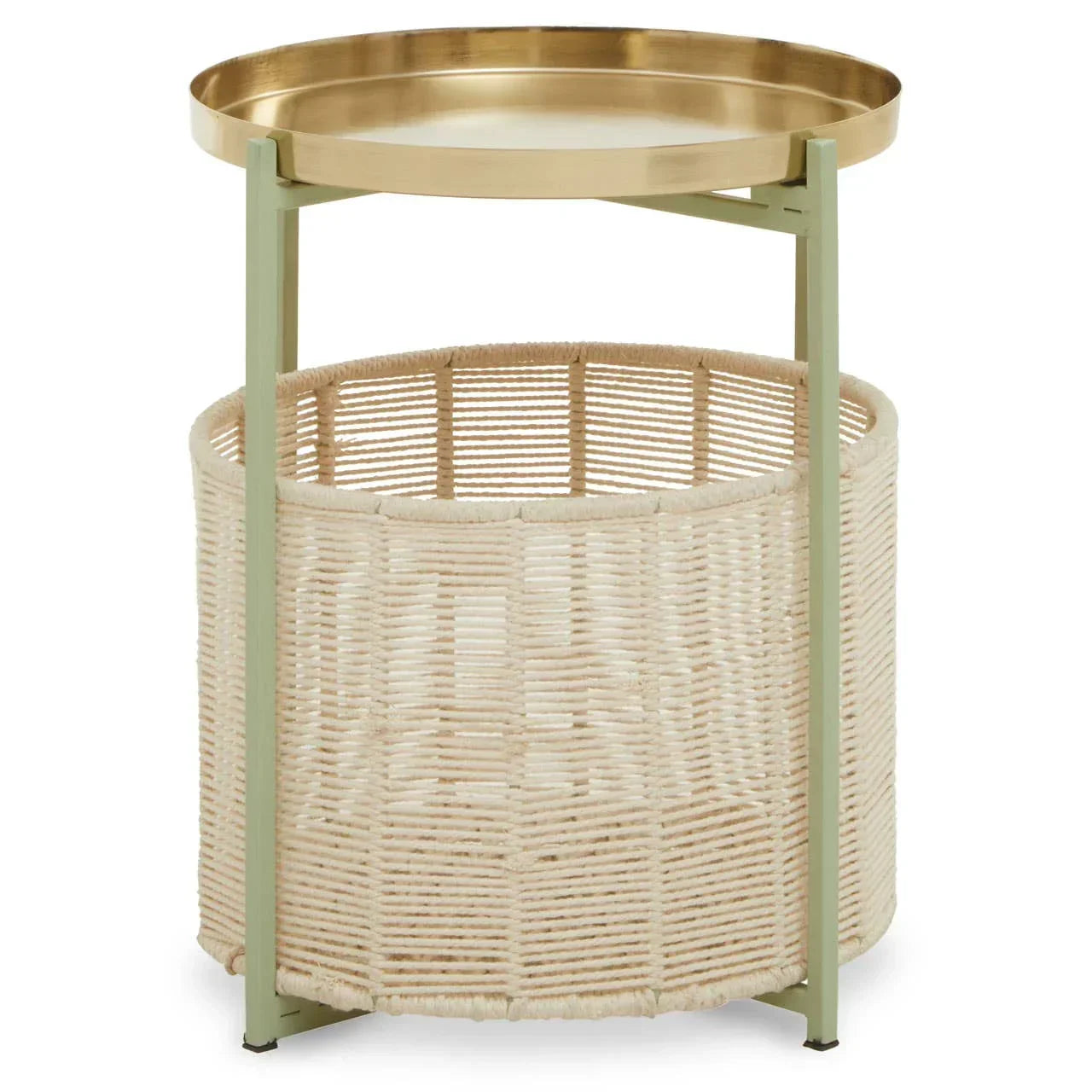 Round side table with gold metal tray top and woven rattan storage basket base