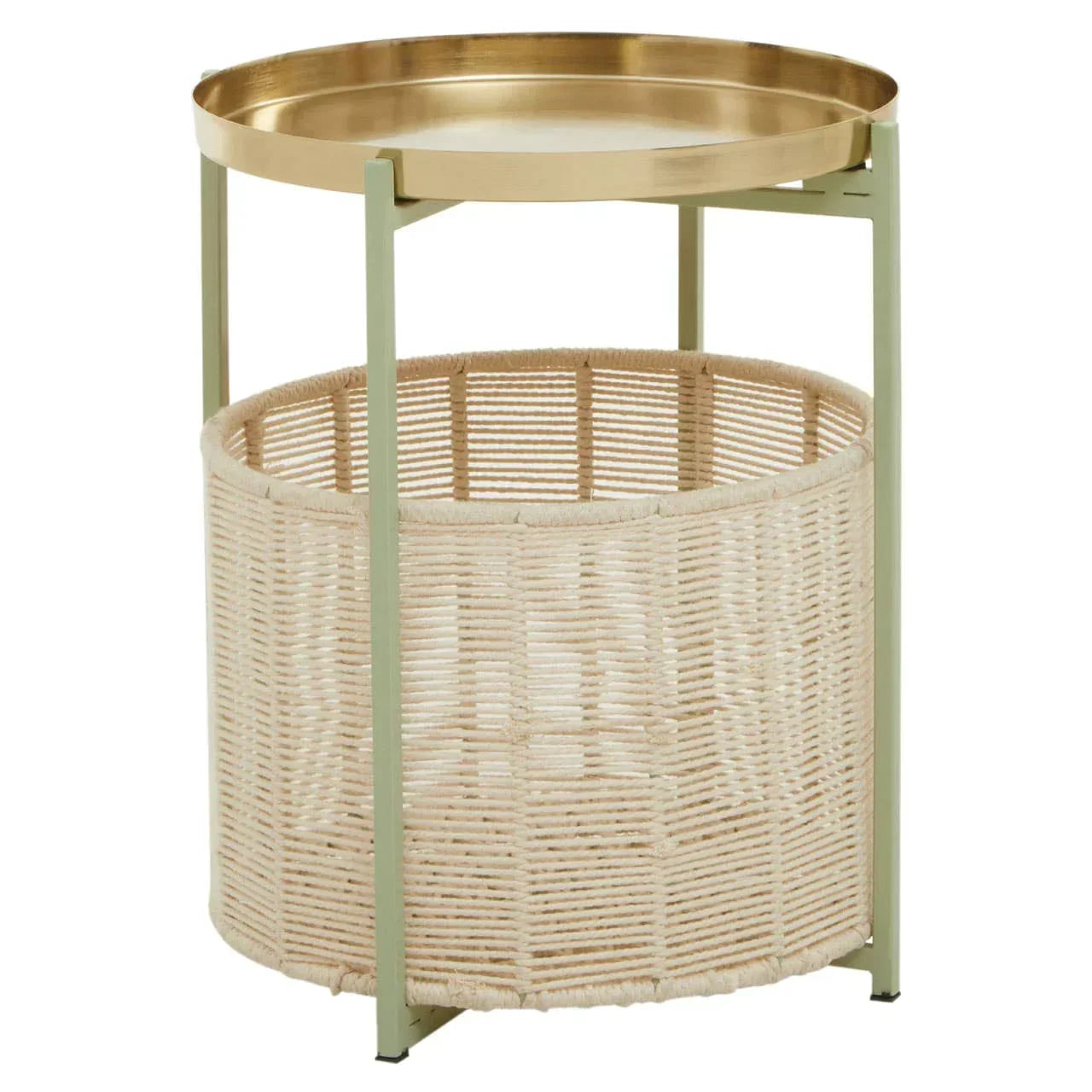 Round side table with gold metal tray top and woven rattan basket storage base