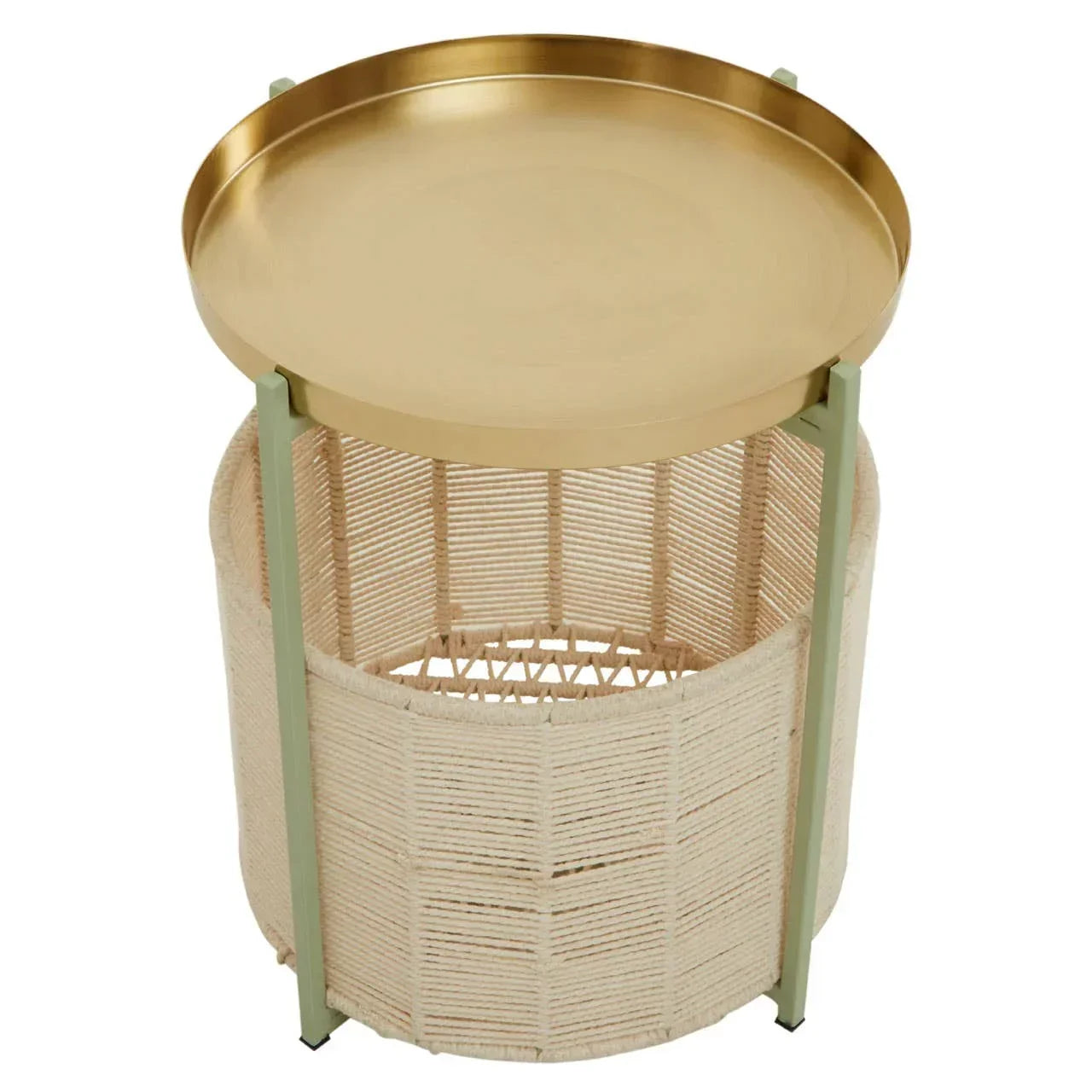Round side table with gold metal tray top and woven cream base