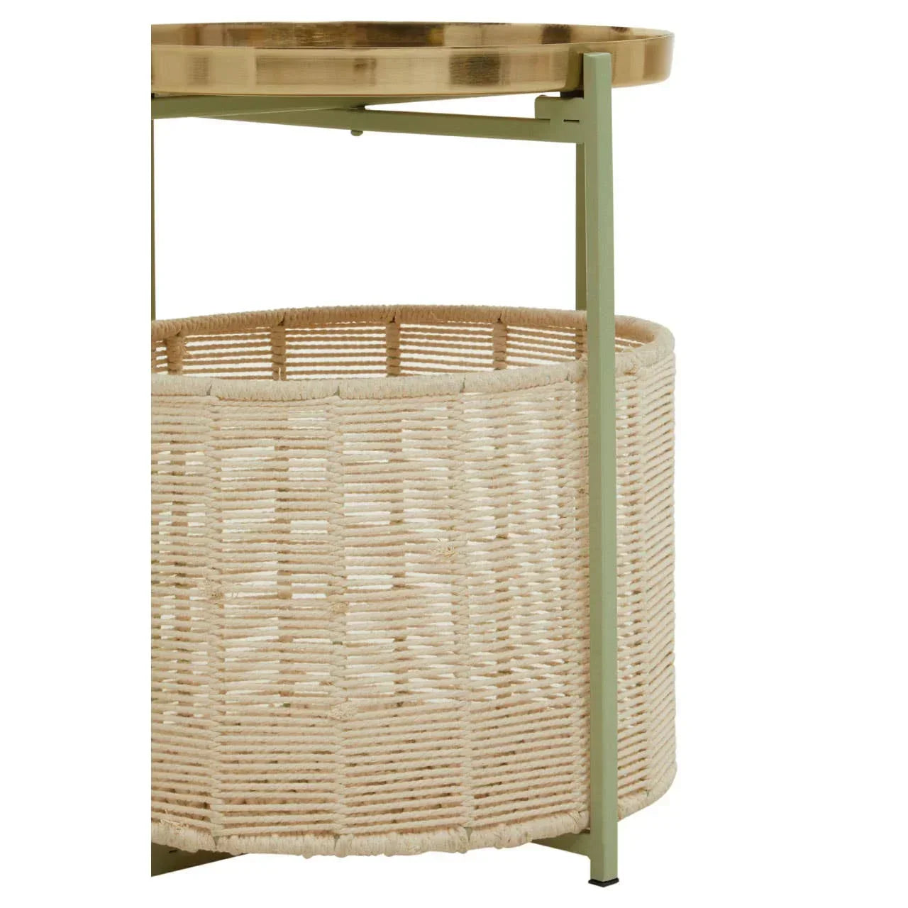 Rattan storage side table with gold metal tray top and sage green frame