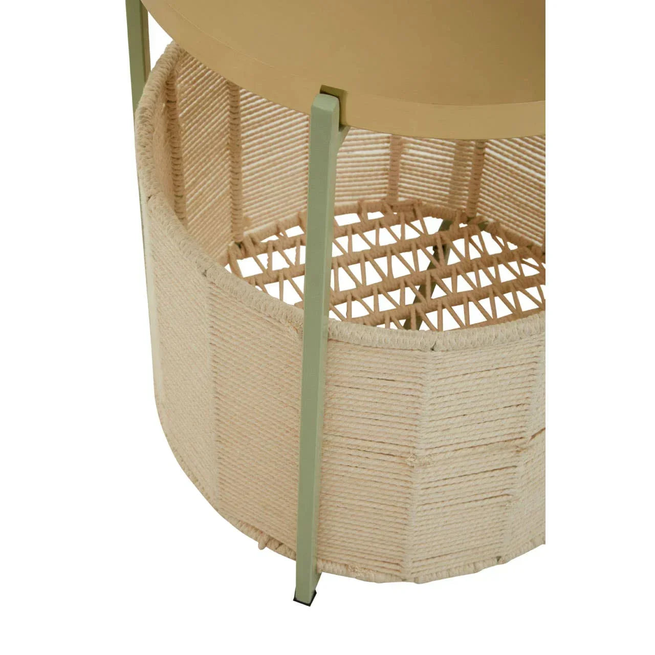 Round side table with beige woven rope basket and green metal legs