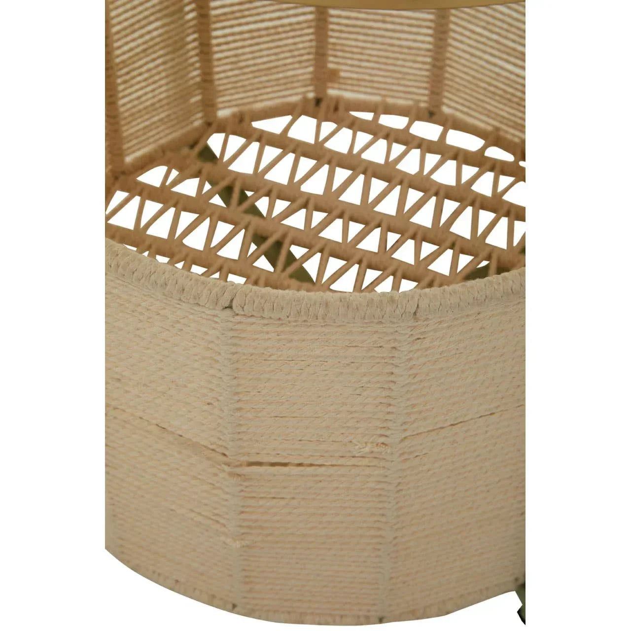 Close up of woven rattan side table with beige rope detailing and open weave pattern