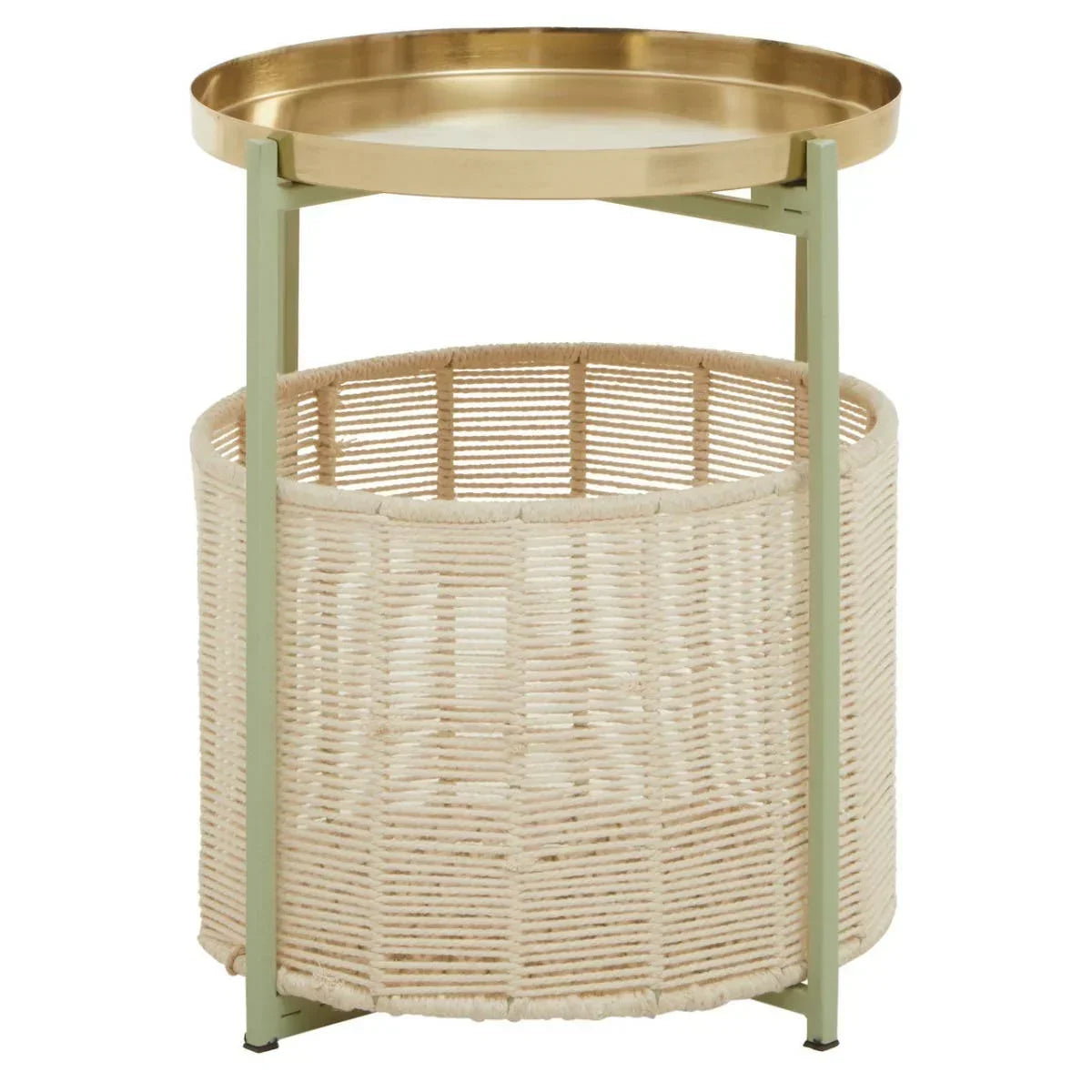 Rattan side table with gold metal tray top and cream woven basket base