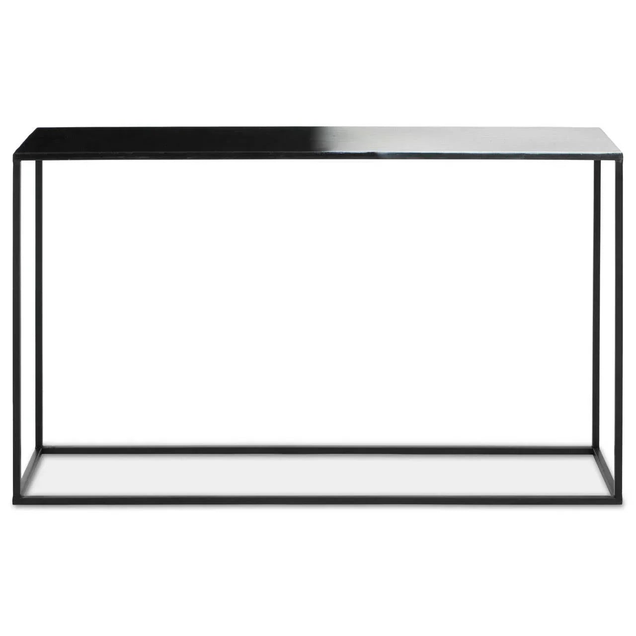 Black metal console table with slim rectangular frame and minimalist design