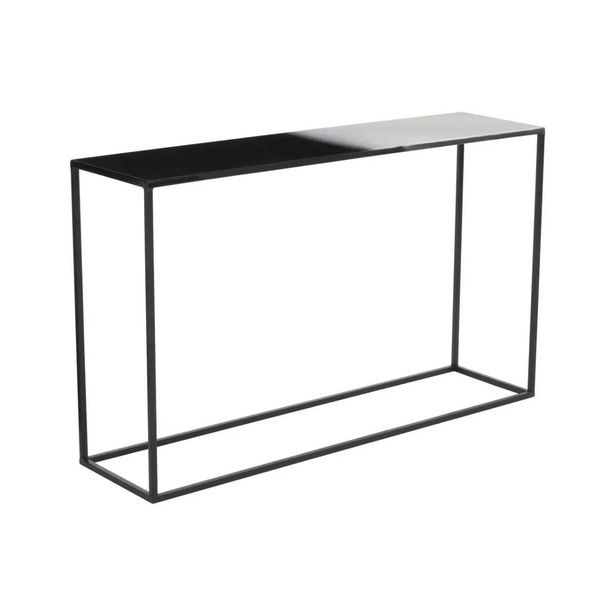 Black metal console table with slim rectangular frame and minimalist design