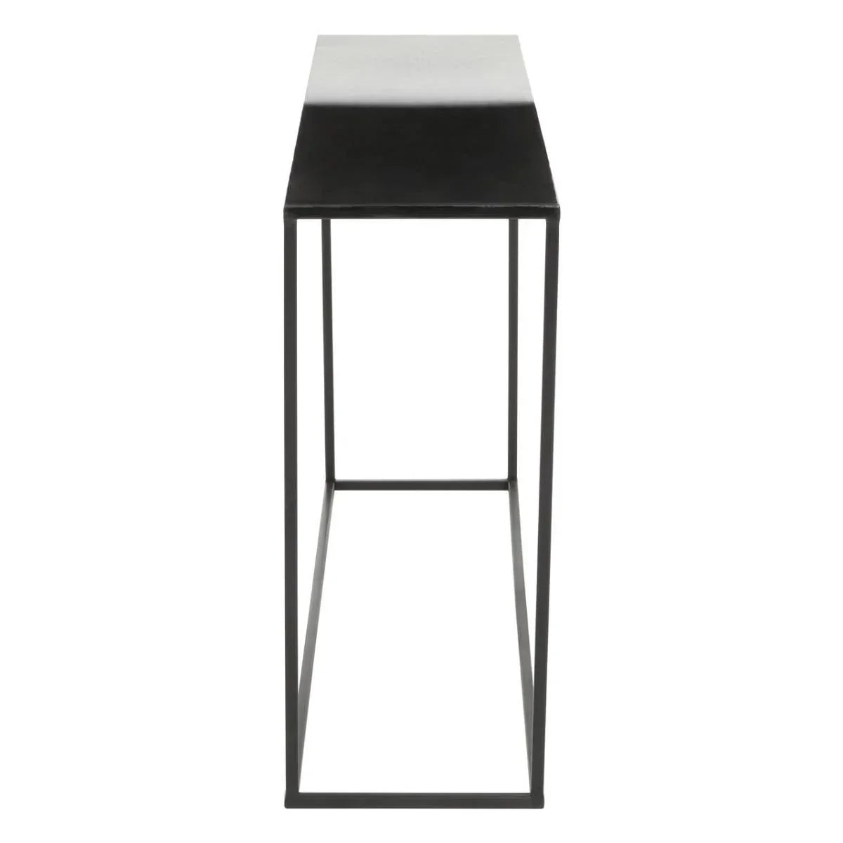 Slim black metal console table with rectangular top, side profile view