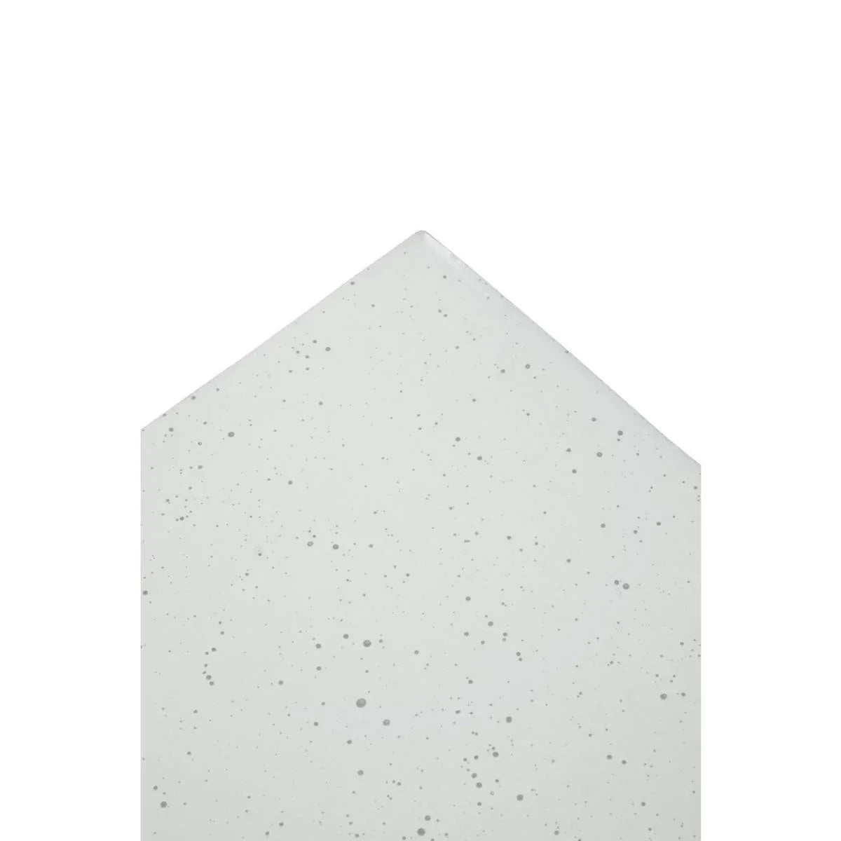 Close view of grey speckled stone tabletop with pointed edge