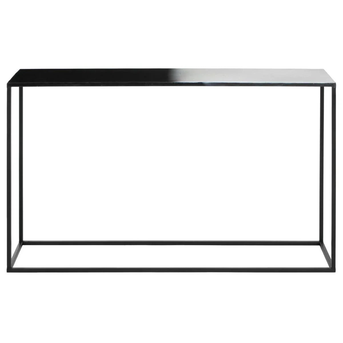 Black metal console table with slim rectangular frame and glossy tabletop, front view