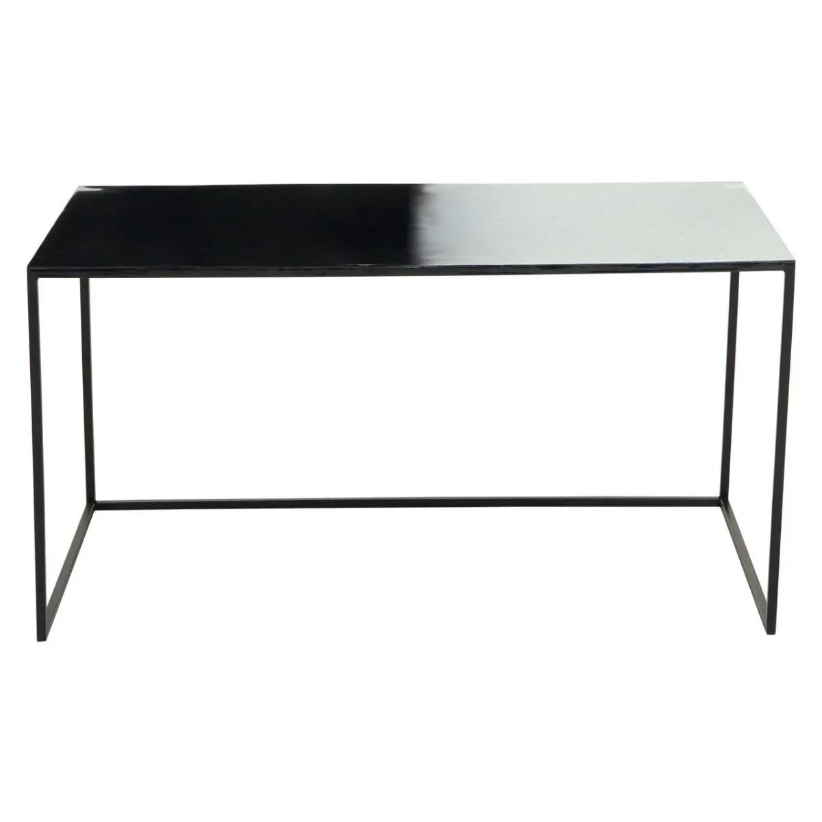 Black glass top console table with slim metal frame, modern minimalist design