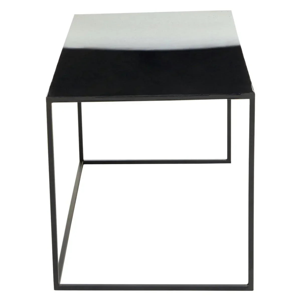 Black glass square side table with metal frame, front view