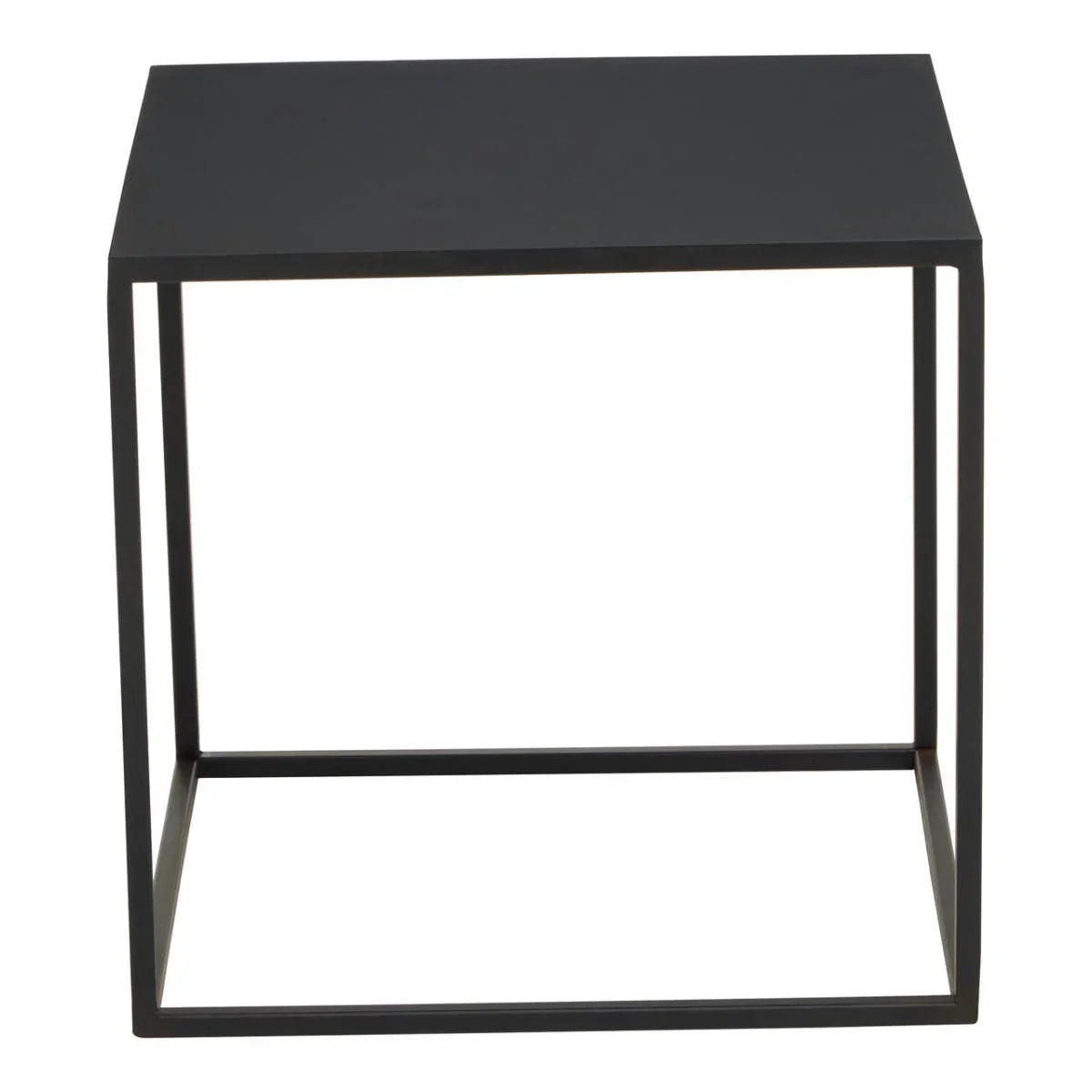 Black metal side table with square top and open frame design