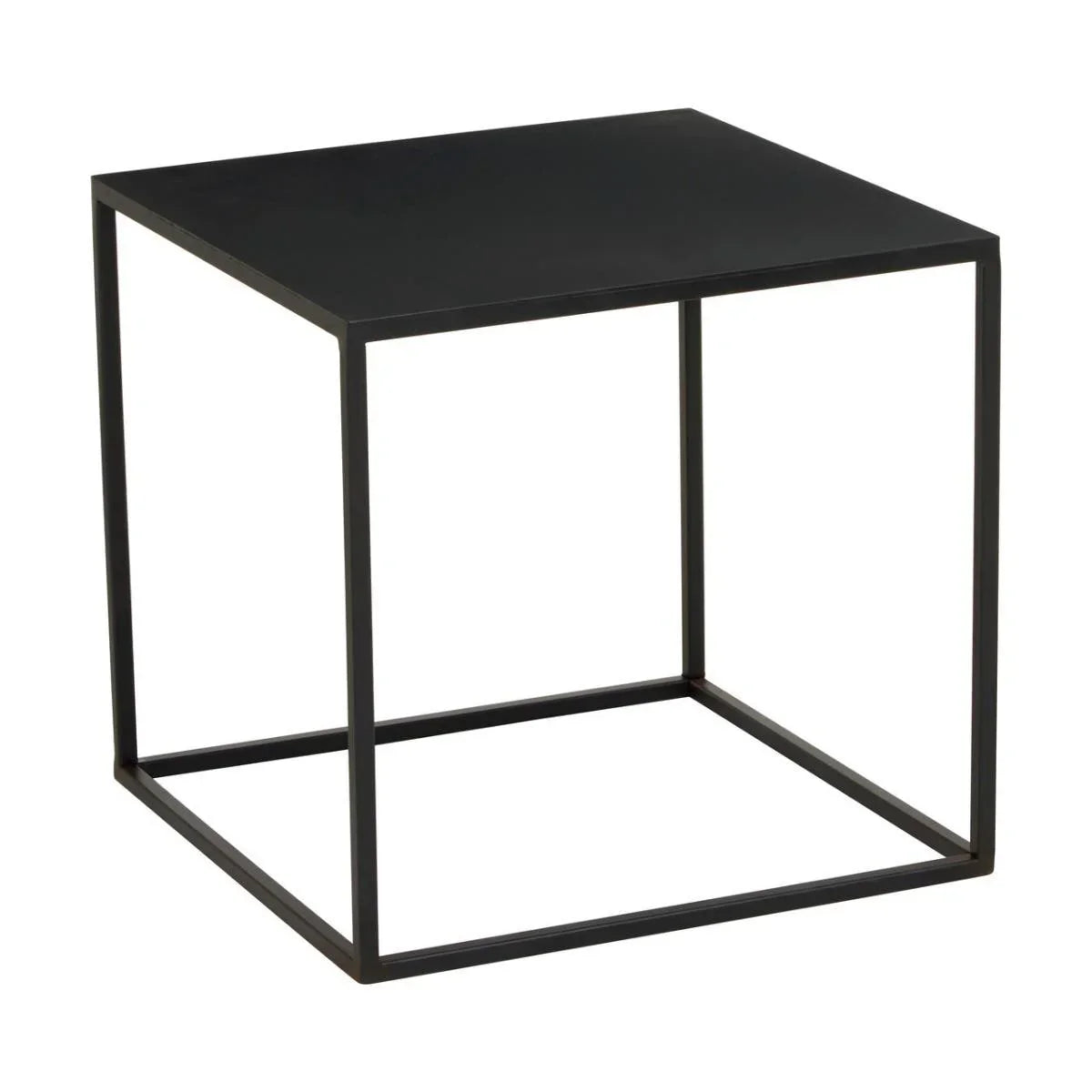 Black metal side table with square top and open cube frame