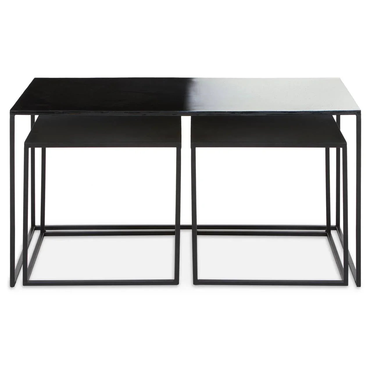 Black metal nesting coffee tables with rectangular tops and minimalist open frames