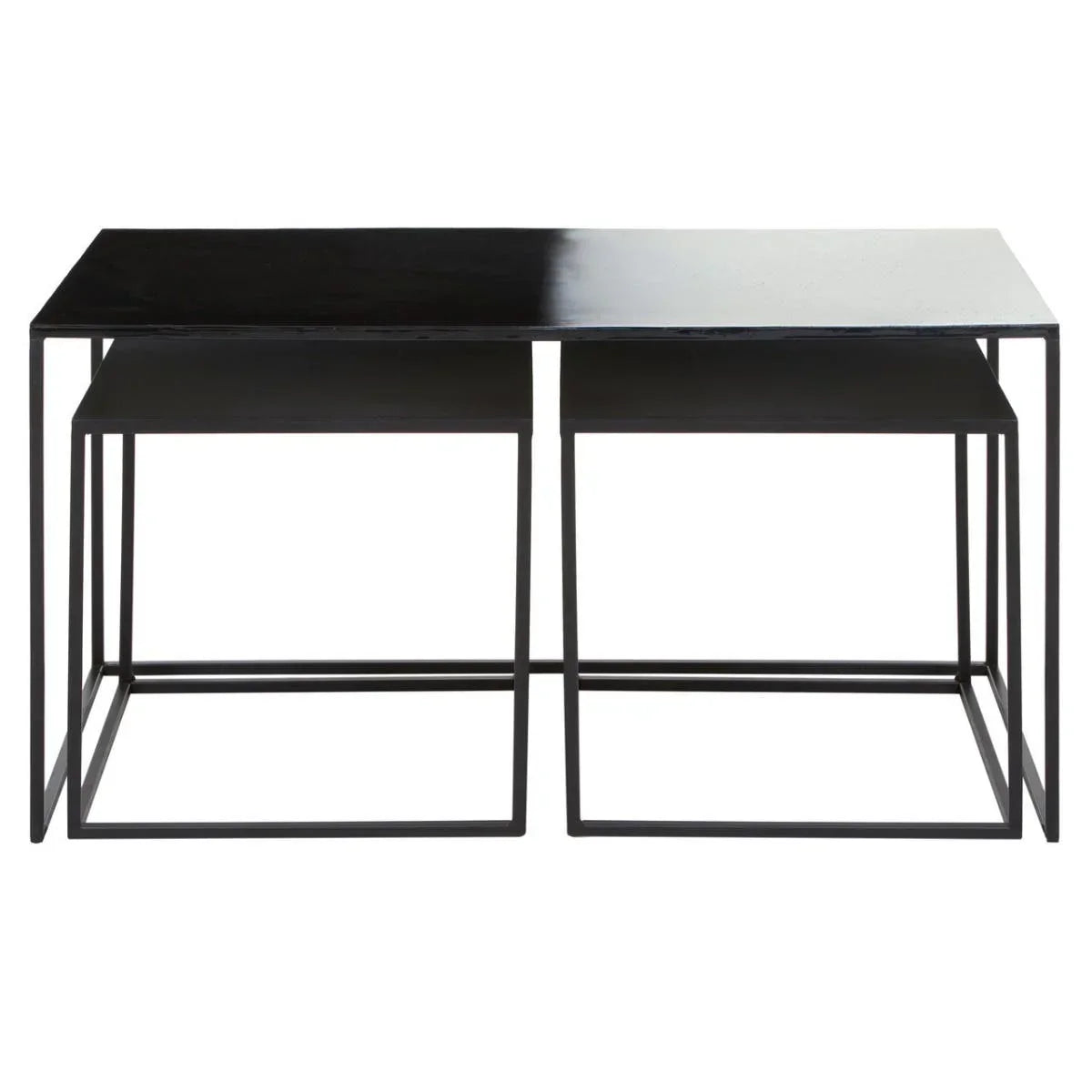 Black metal nesting coffee tables with rectangular tops and open cube bases