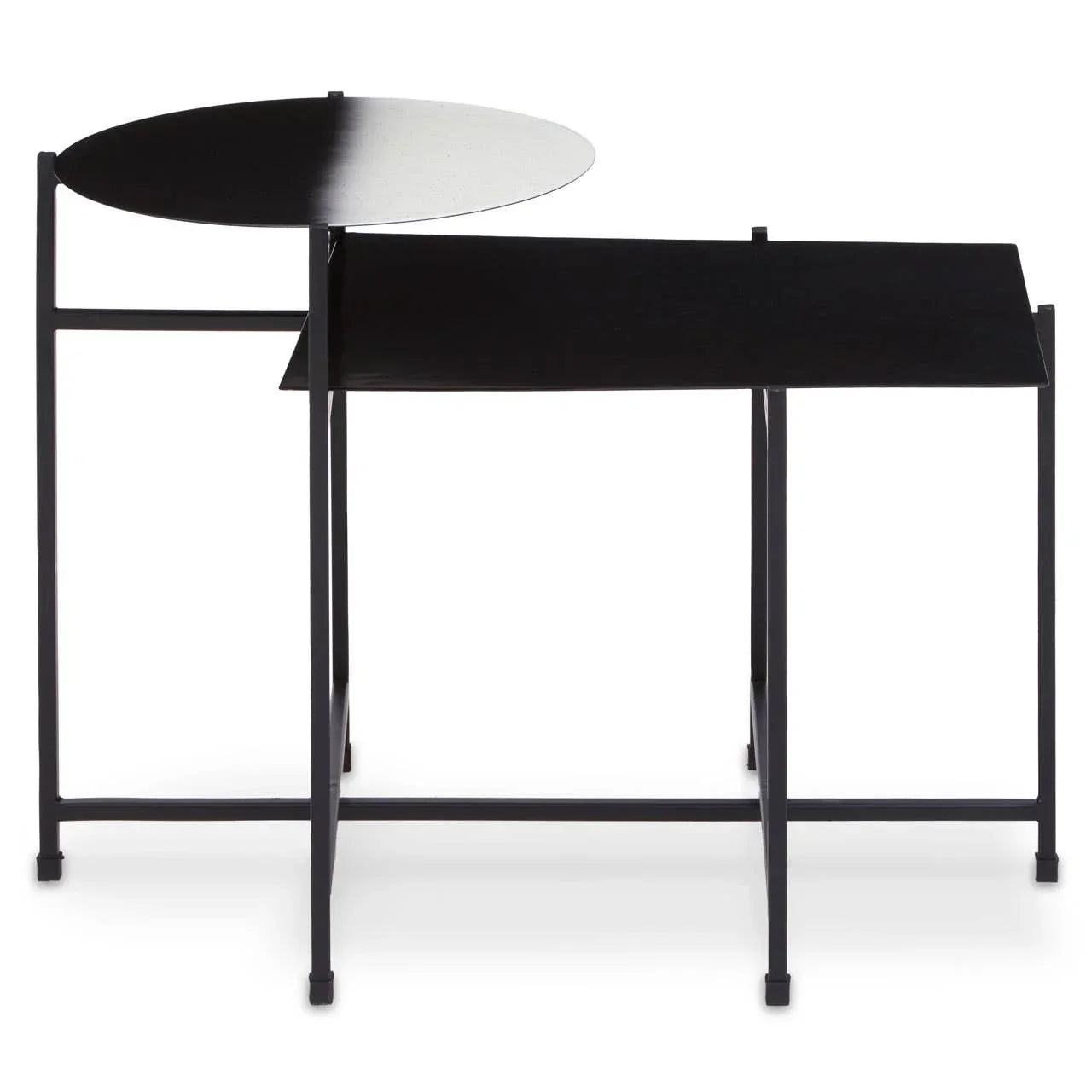 Black metal coffee table with round and rectangular tops, modern geometric design