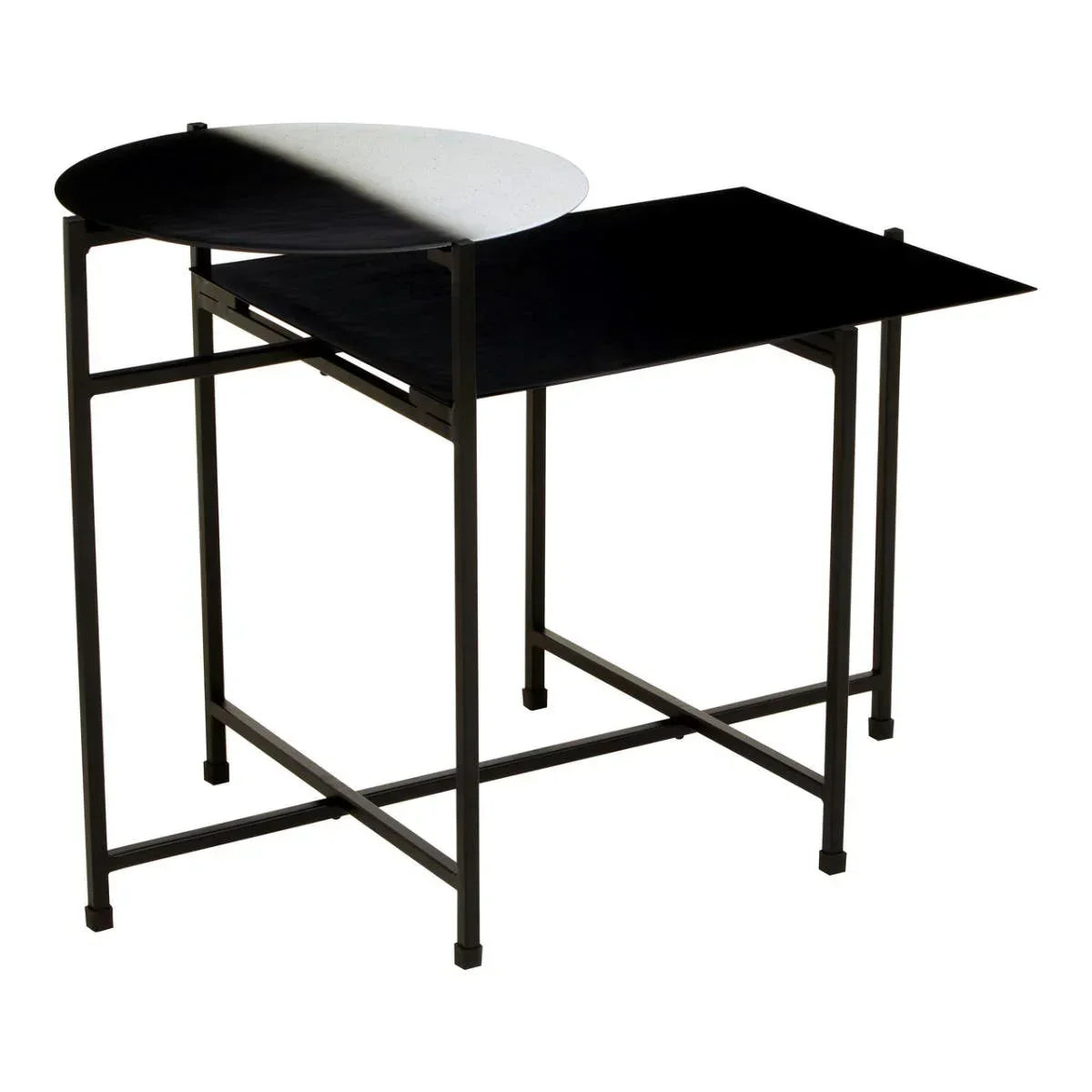 black and white modern nesting tables with metal frame and geometric tops