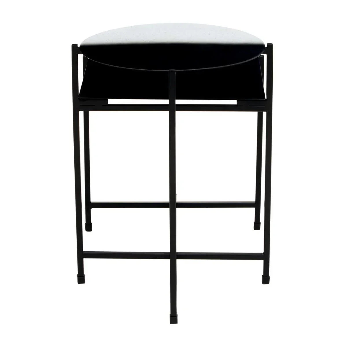 Modern bar stool with black metal frame and round cushioned seat, front view
