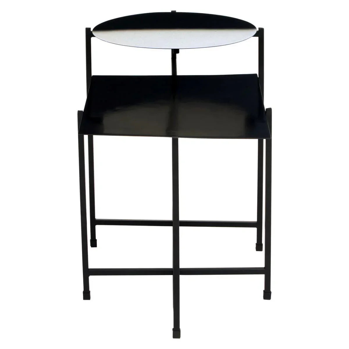 Black metal side table with square top and circular raised shelf, modern frame design