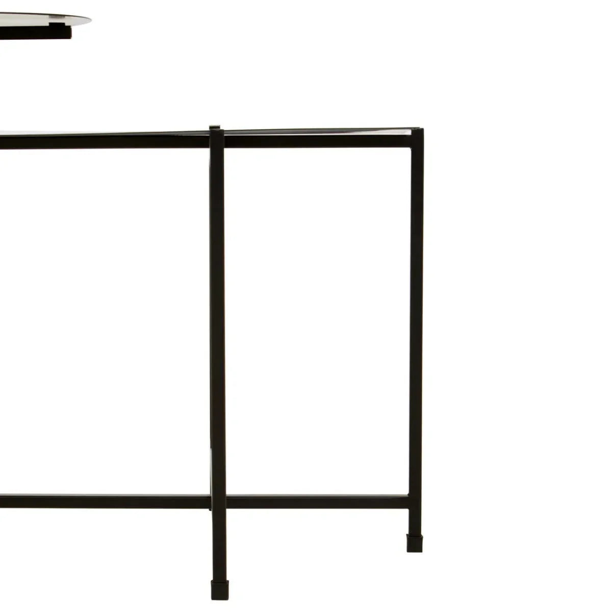Black metal console table frame with rectangular legs and clear glass top corner