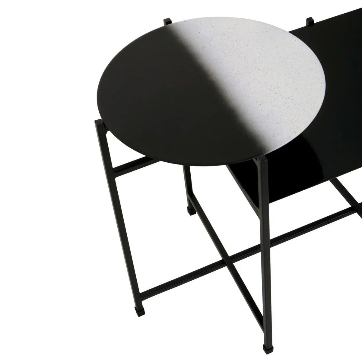 Round black and white side table with slim metal frame, modern accent furniture design