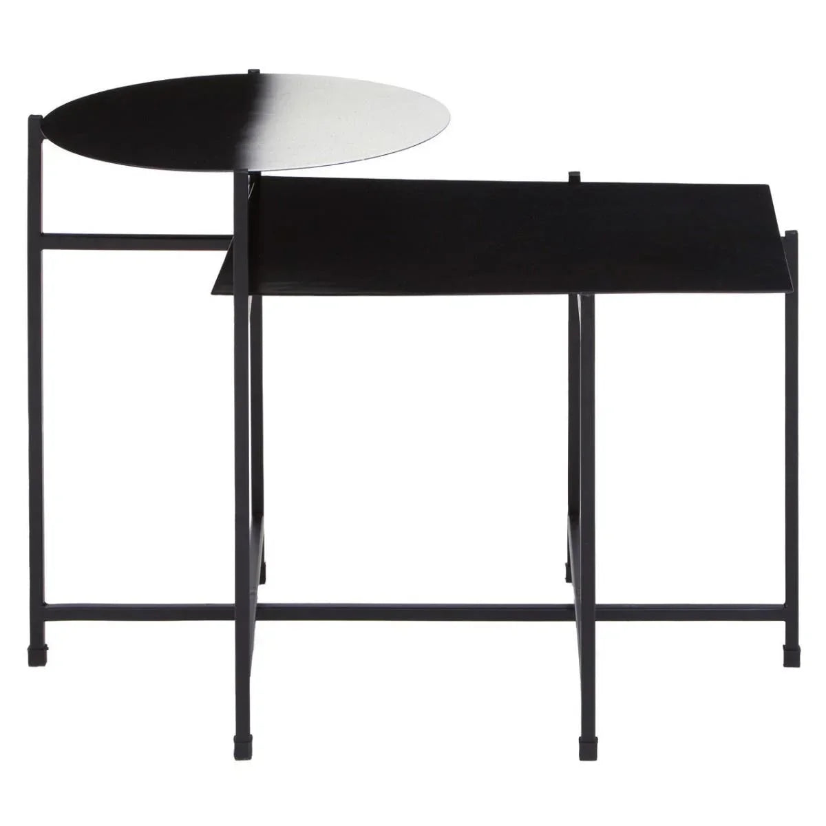 Black metal side table with round and rectangular surfaces, modern geometric frame