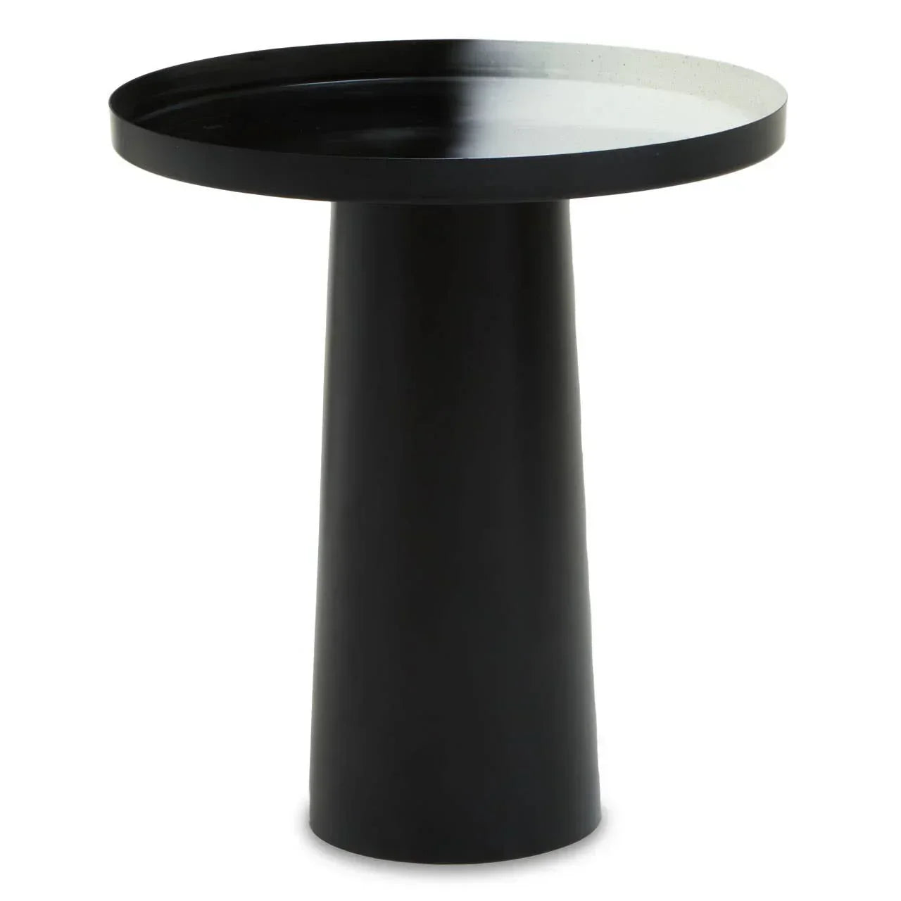 Black metal side table with round tray top and tapered base