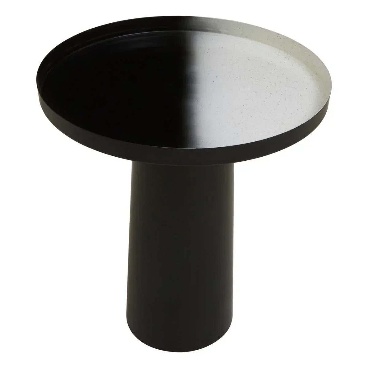Black round side table with raised edge and cylindrical base, modern design
