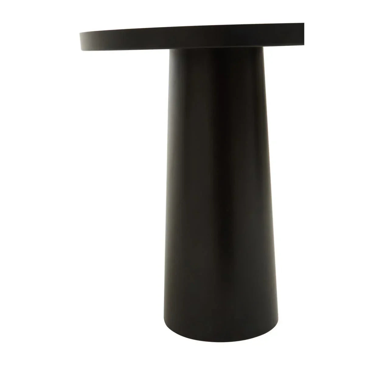 Black round dining table with cylindrical base, modern furniture design, side angle view