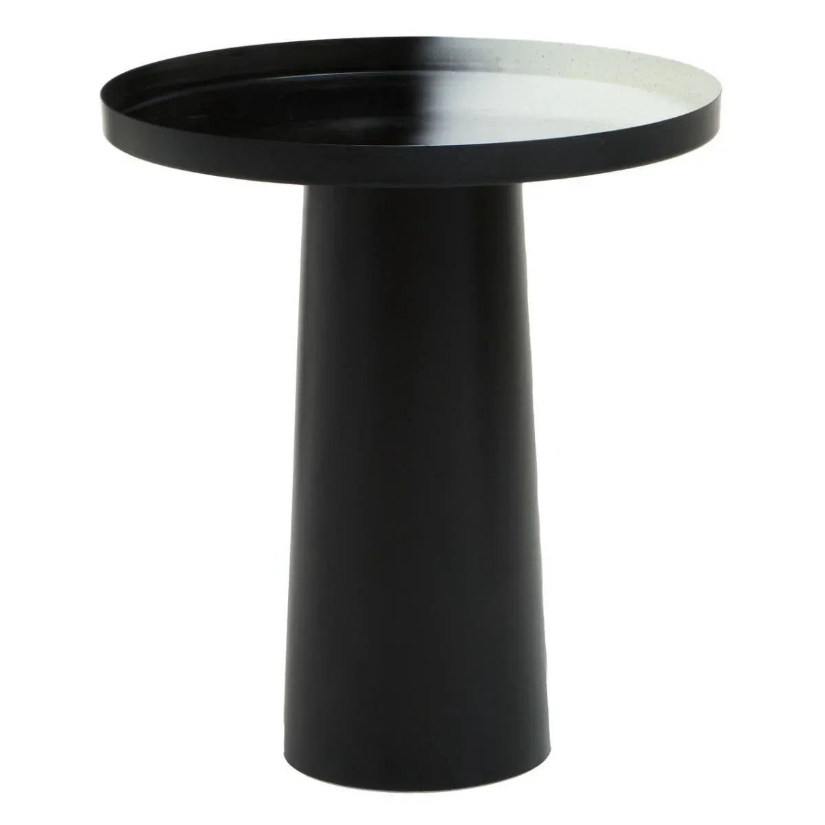 Black metal side table with round tray top and conical base