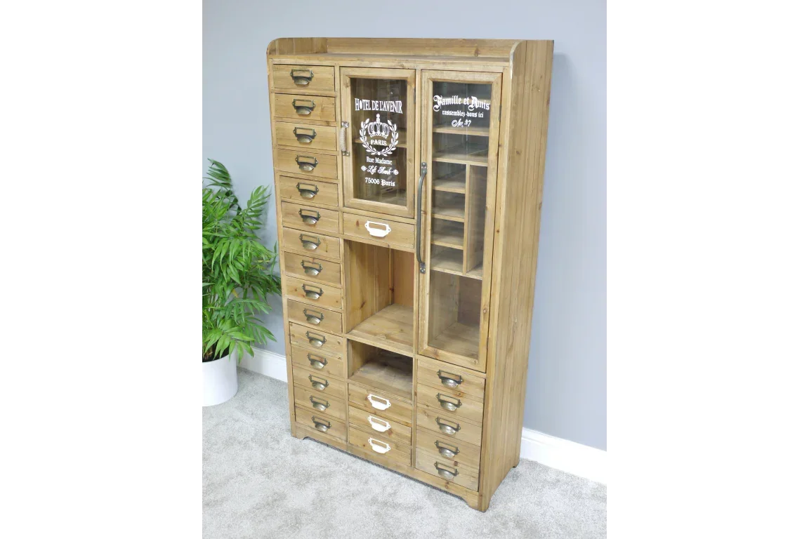 Wooden storage cabinet with multiple drawers, glass doors, and vintage metal handles