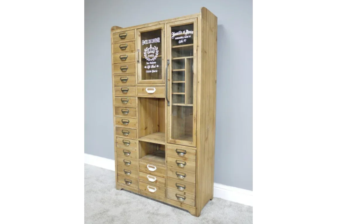 Tall wooden storage cabinet with multiple drawers and glass display doors