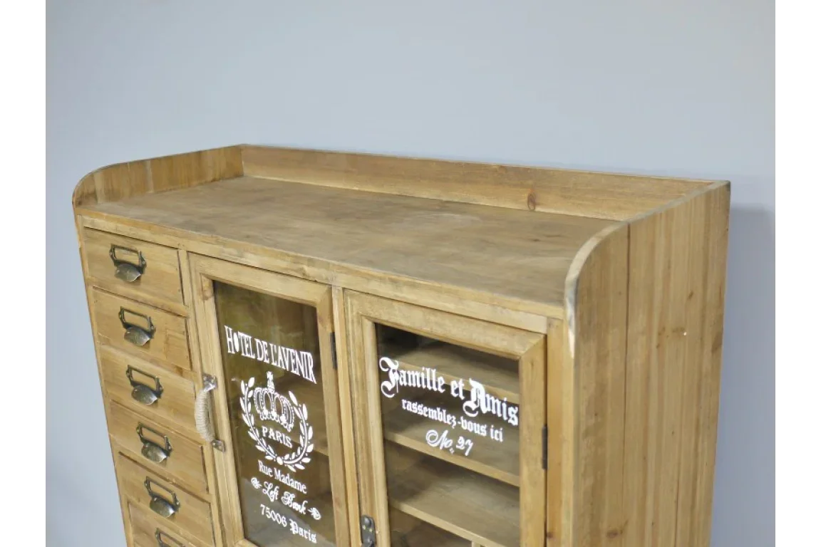 Rustic wooden sideboard with drawers and glass cabinet doors featuring French script design