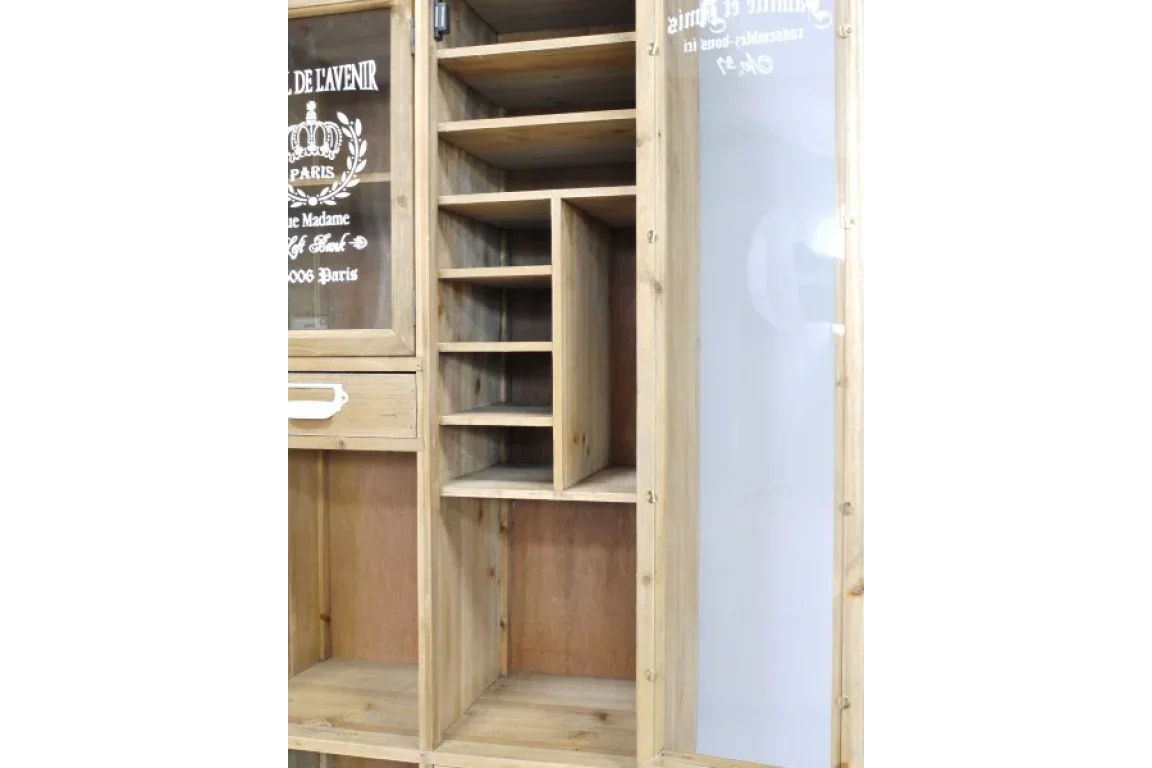 Wooden display cabinet shelves with glass door and multiple storage compartments