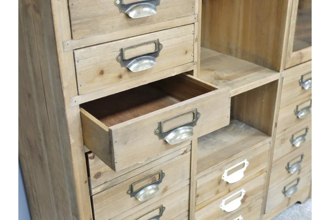 Natural wood storage cabinet with multiple drawers and metal handles, open drawer visible