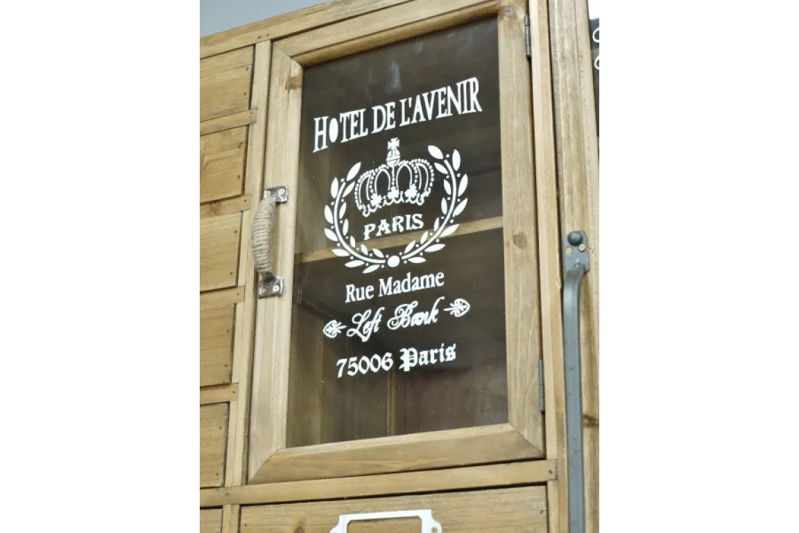 Rustic wooden cabinet with glass door featuring Paris lettering and rope handle